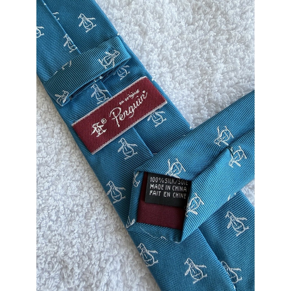 Penguin Blue Logo Woven Motif Jacuard Skinny 100% Silk Tie Necktie